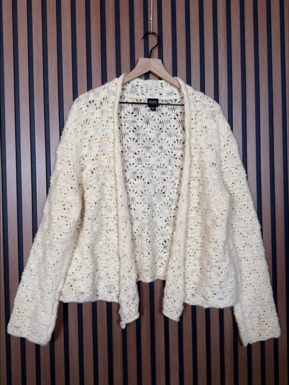 Eileen Fisher Sweater Large Womens Ivory Open Knit Cardigan 100% Wool Open Front